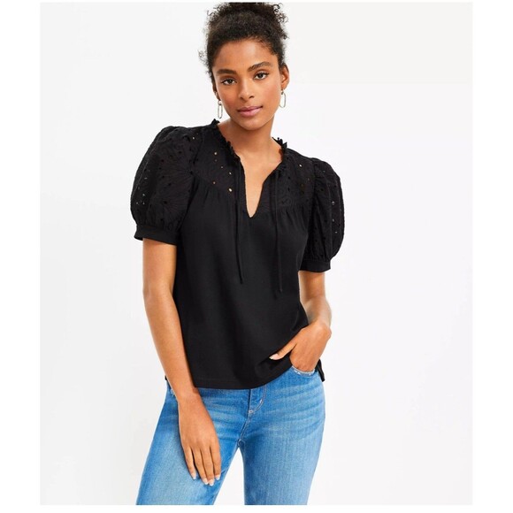Loft Eyelet Tie Neck Puff Sleeve Mixed Media Top size S - Picture 1 of 9